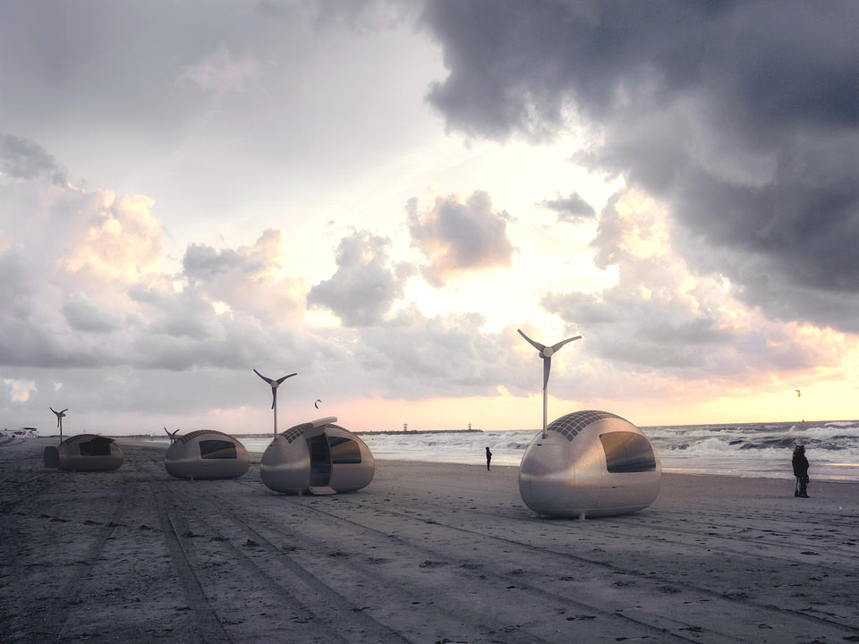 Several Ecocapsules Set up on a Beach