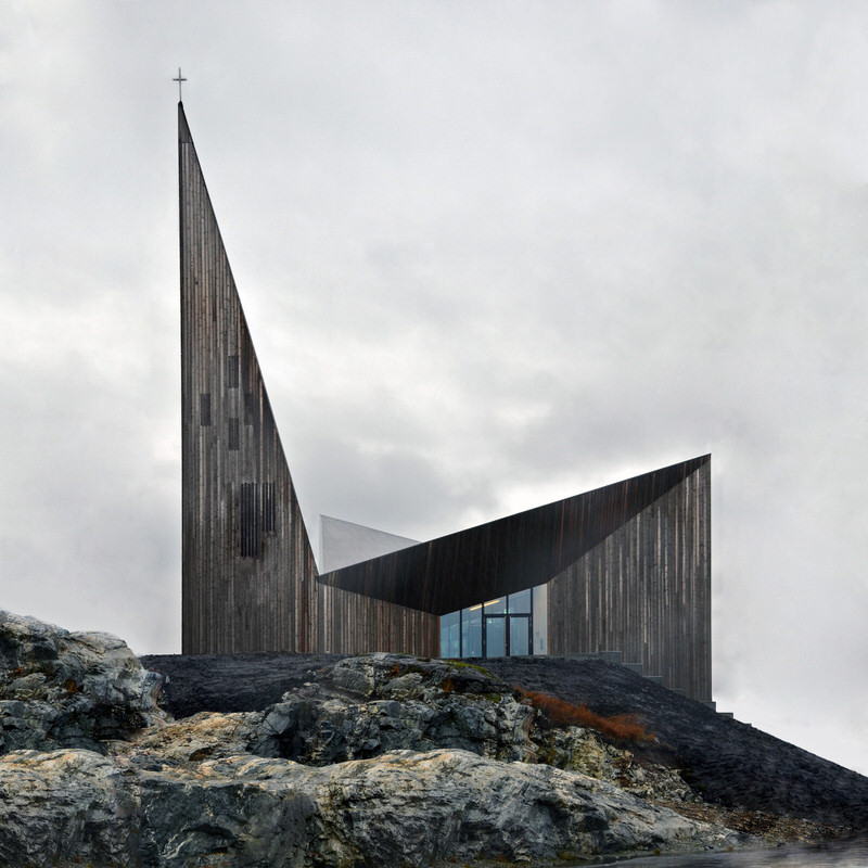 Angular Form of Knarvik Church on Norwegian Rocks