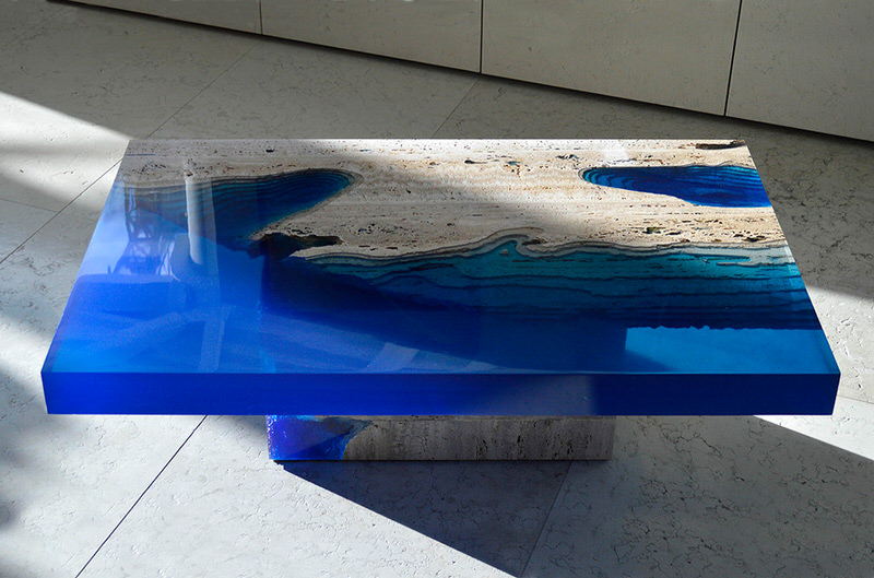 Blue Tinted Resin and Marble Table