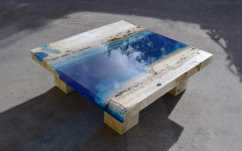 LA Table Coffee Table in Travertine Marble and Resin