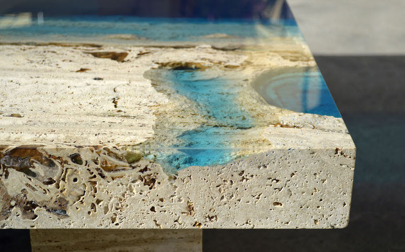 Shallow Resin Pool in Travertine Marble Table