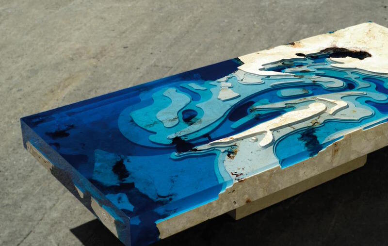 Topographical Contour Line Coastal Table in Resin and Marble